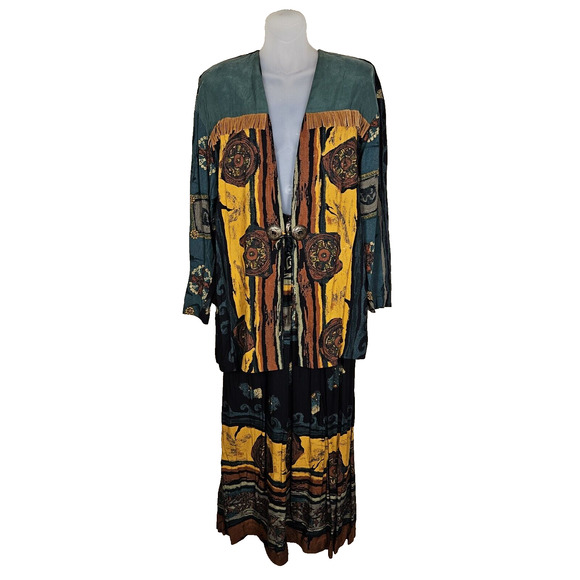 VTG 80s 90s Southwestern In Group Ltd Skirt Jacket Womens M Bohemian Fringe USA - Picture 1 of 16